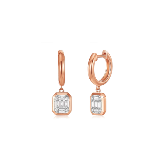 14K Bezel Baguette Diamond Huggie Earring
