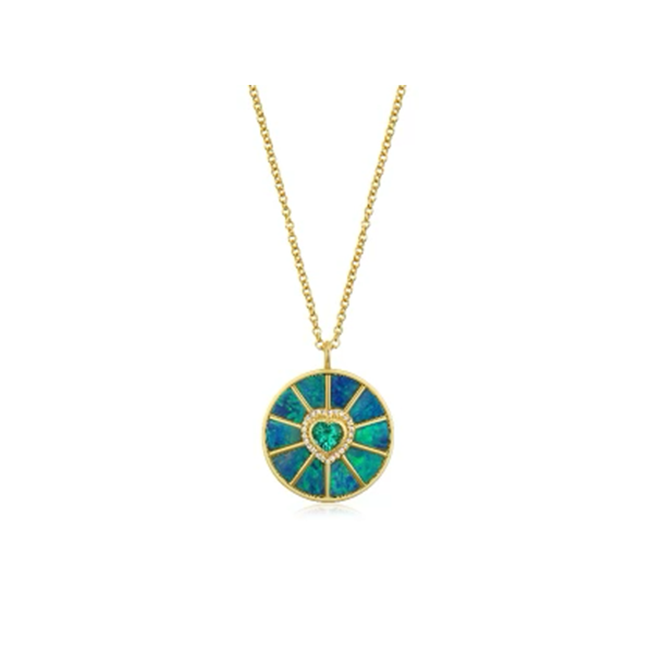 14K Yellow Gold Opal and Emerald Heart Pendant