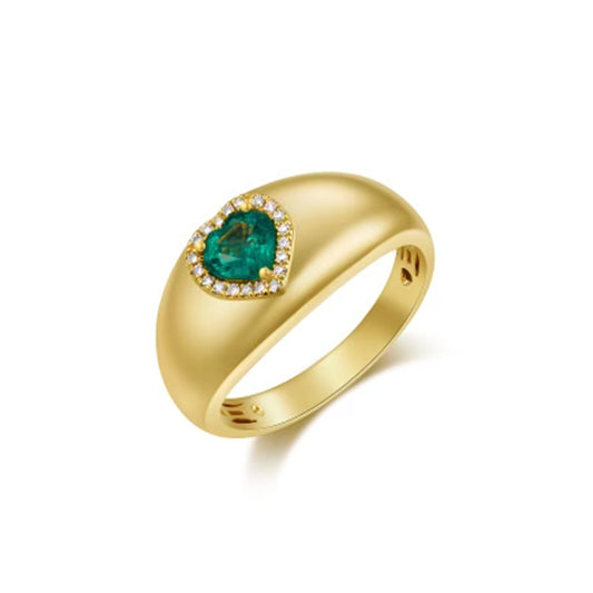 14K Yellow Gold Diamond and Emerald Heart Dome Ring