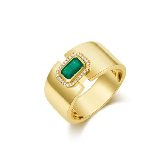 14K Yellow Gold Emerald and Diamond Cigar Band