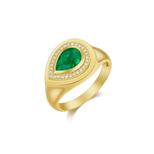 14K Yellow Gold and Diamond Emerald Pearl Shape Ring