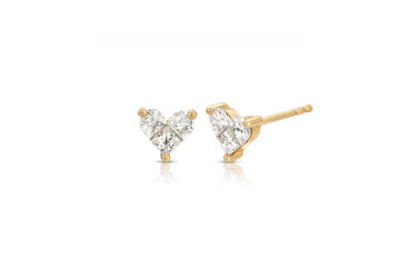 14K Yellow Gold Three Diamond Heart Studs