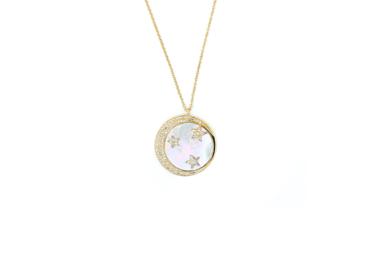 14k Yellow Gold Diamond and Mother of Pearl Moon and Star Necklace