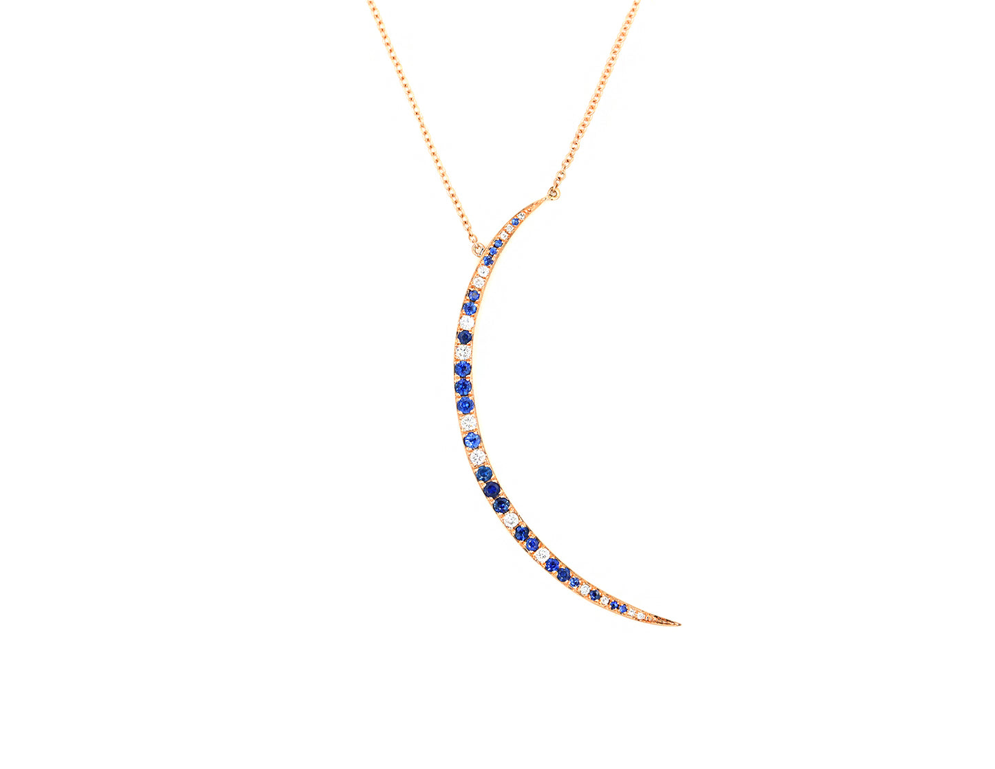 14k Rose Gold Diamond and Sapphire Crescent Necklace