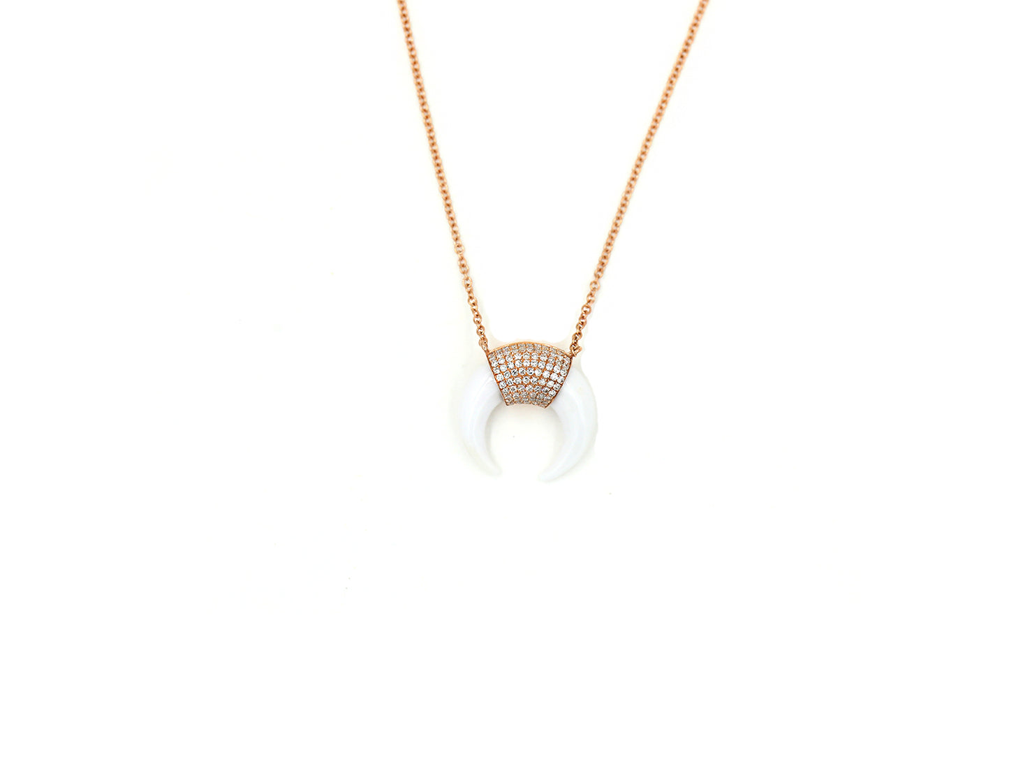 14k Rose Gold Diamond Pave and White Agate Horn Necklace