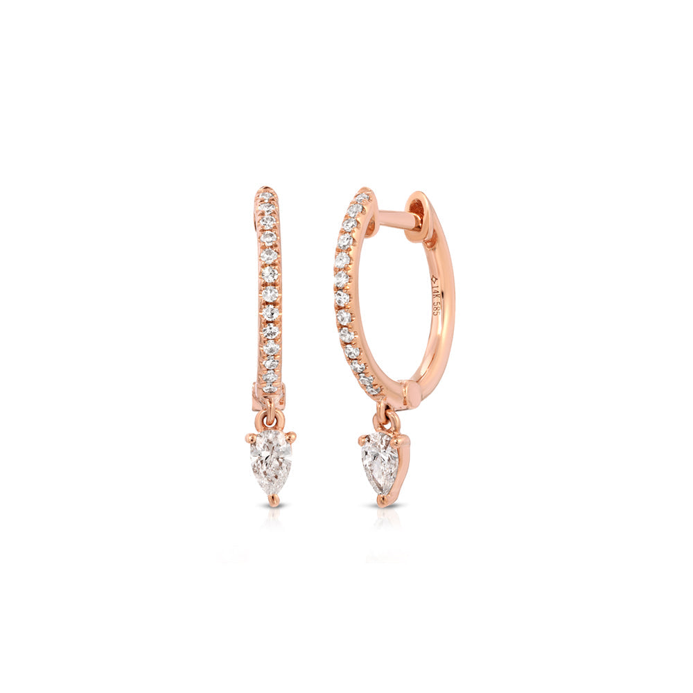 14K Rose Gold Diamond Pave Huggy with Diamond Pear Shape Drop