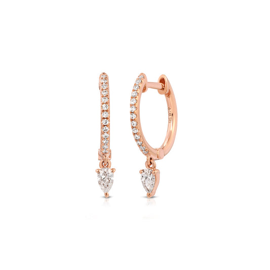 14K Rose Gold Diamond Pave Huggy with Diamond Pear Shape Drop