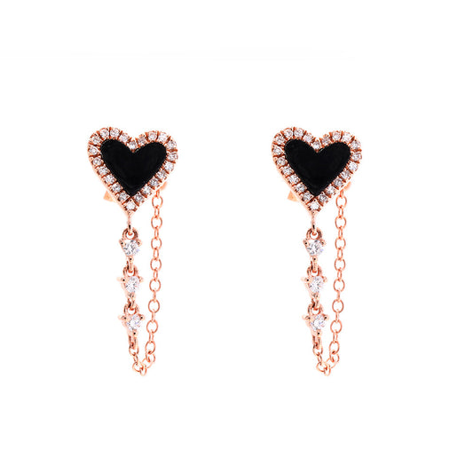 14K Rose Gold Diamond Pave and Onyx Heart Chain Drop Earrings