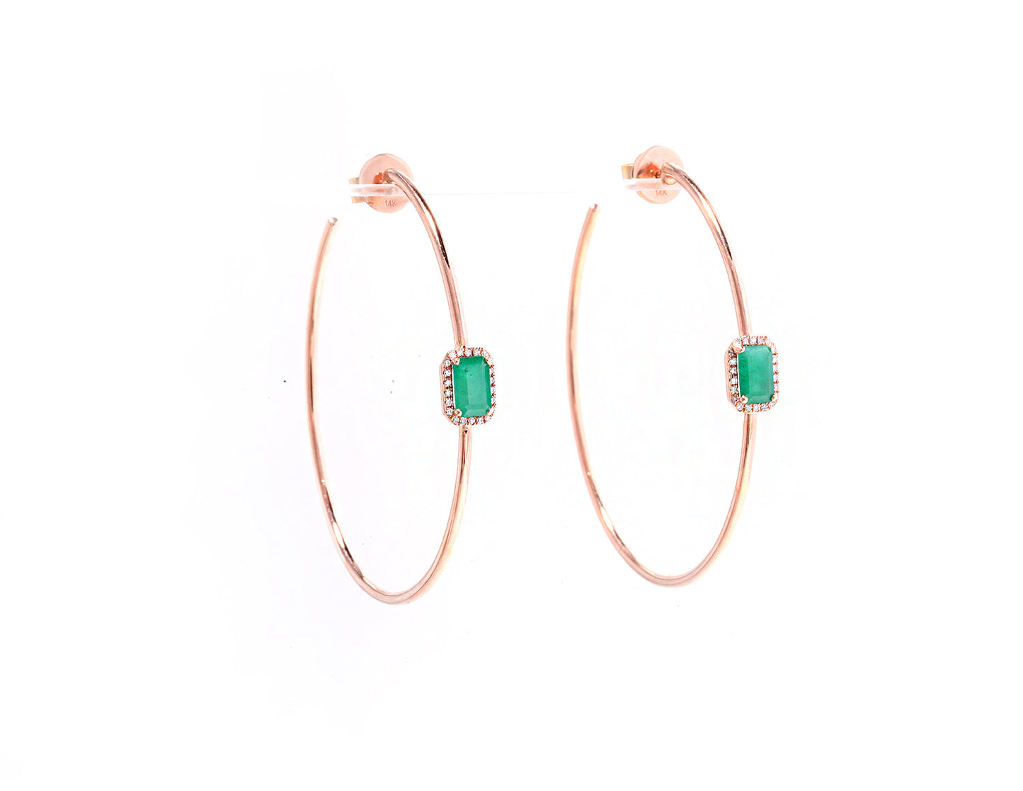 14K Rose Gold Emerald and Diamond (2 inch Hoop)