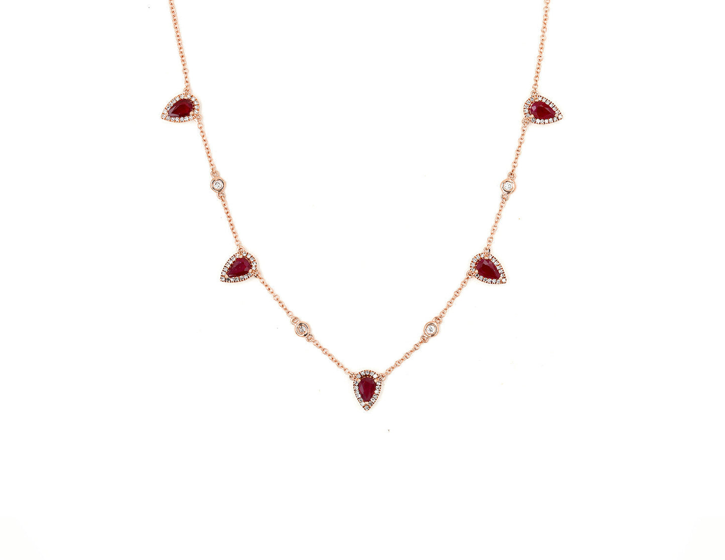 14k Rose Gold Diamond and Ruby Multiple Pear Shape Necklace