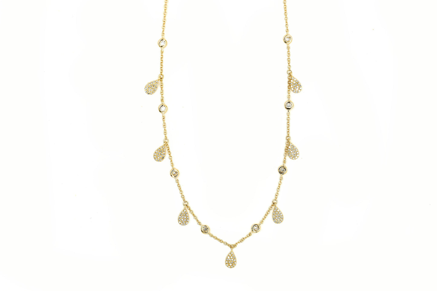 14k Yellow Gold Diamond Pave Multiple Pear Shape Drops Necklace