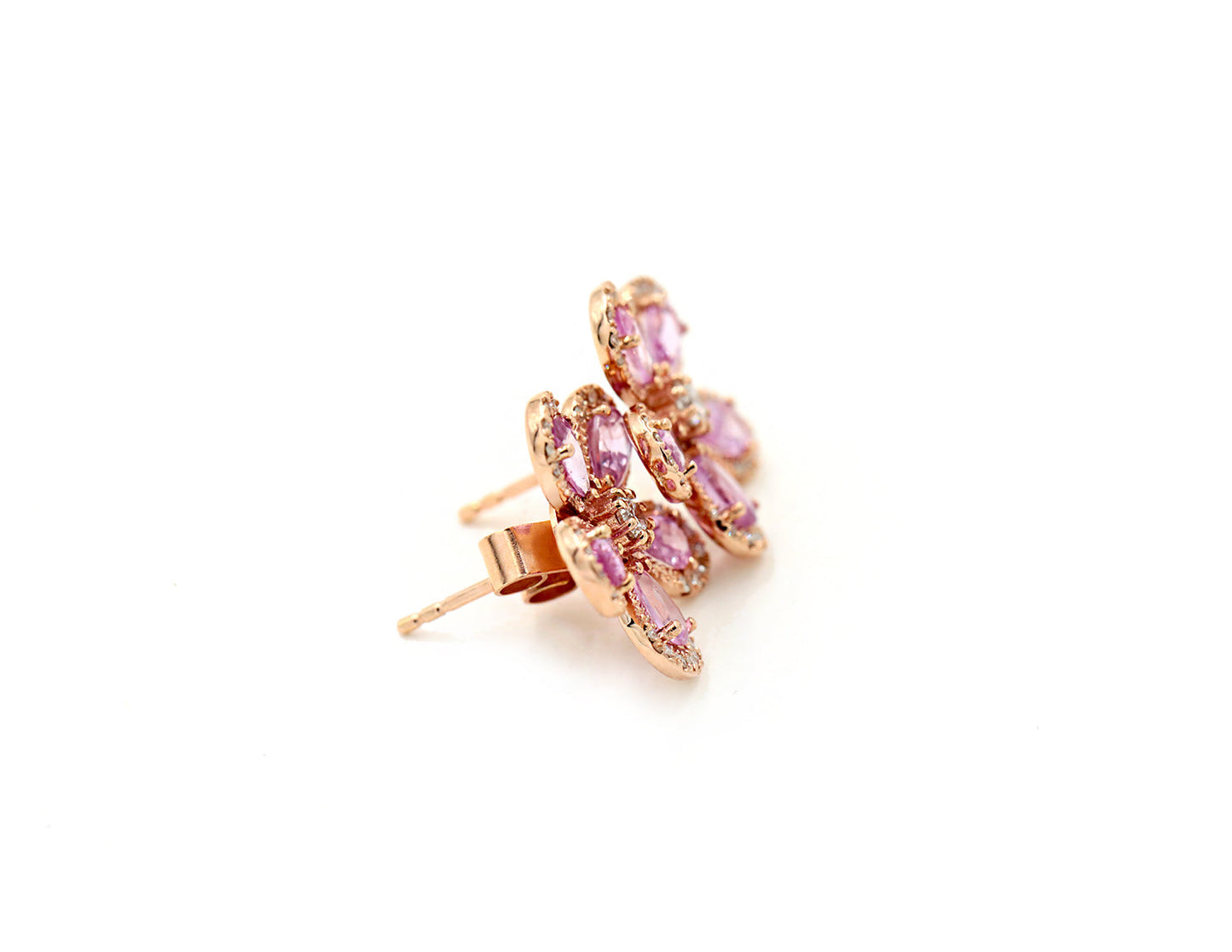 14KT Rose Gold Diamond Pave And Pink Sapphire Flower Stud Earrings