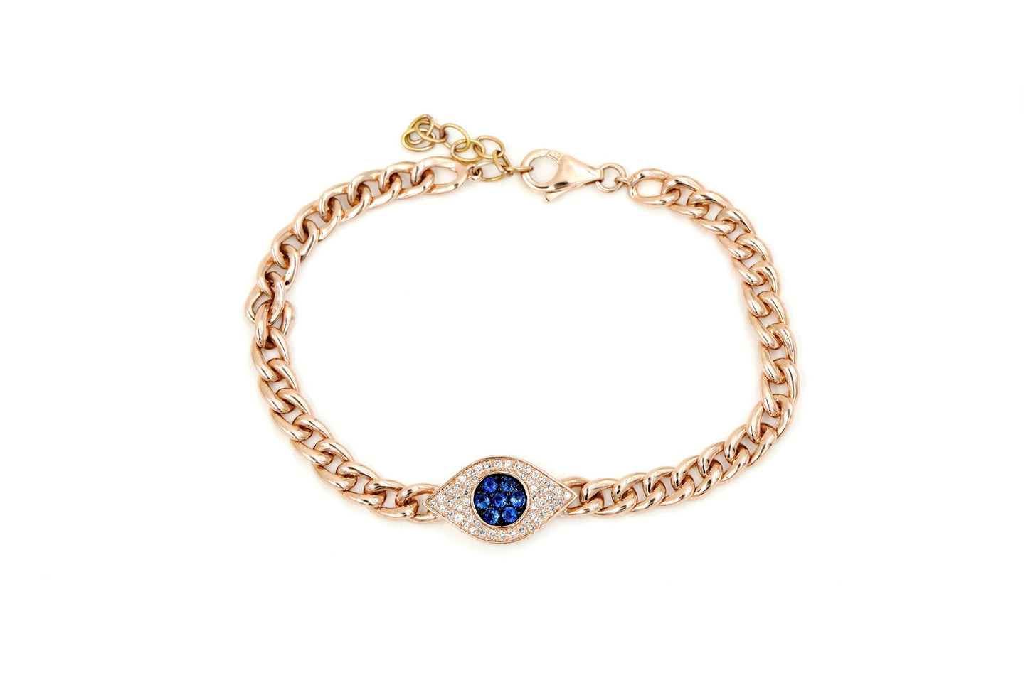 14k Rose Gold Diamond and Sapphire Evil Eye Chain Link Bracelet