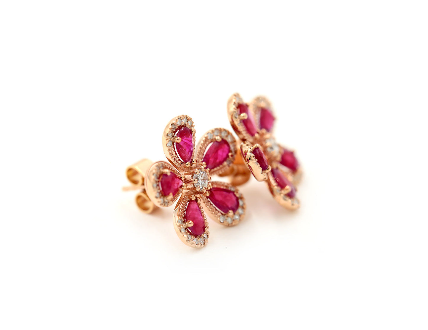14KT Rose Gold Diamond Pave And Ruby Flower Stud Earrings