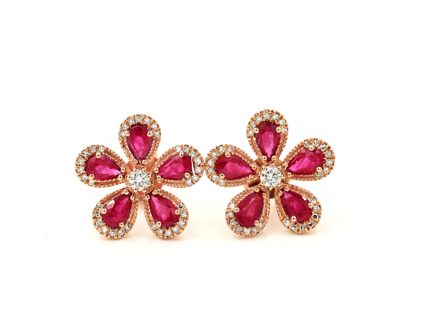 14KT Rose Gold Diamond Pave And Ruby Flower Stud Earrings