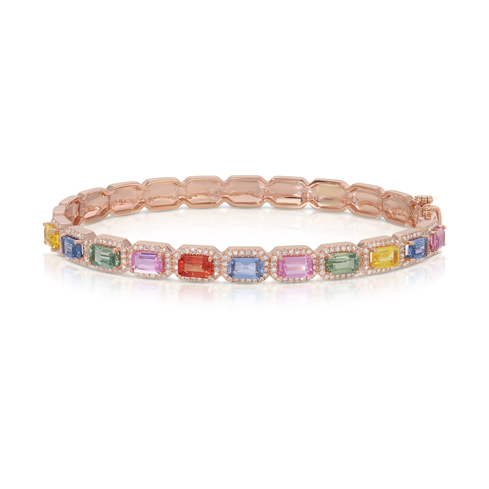 14K Rose Gold Multi Color Sapphire and Diamond Bangle