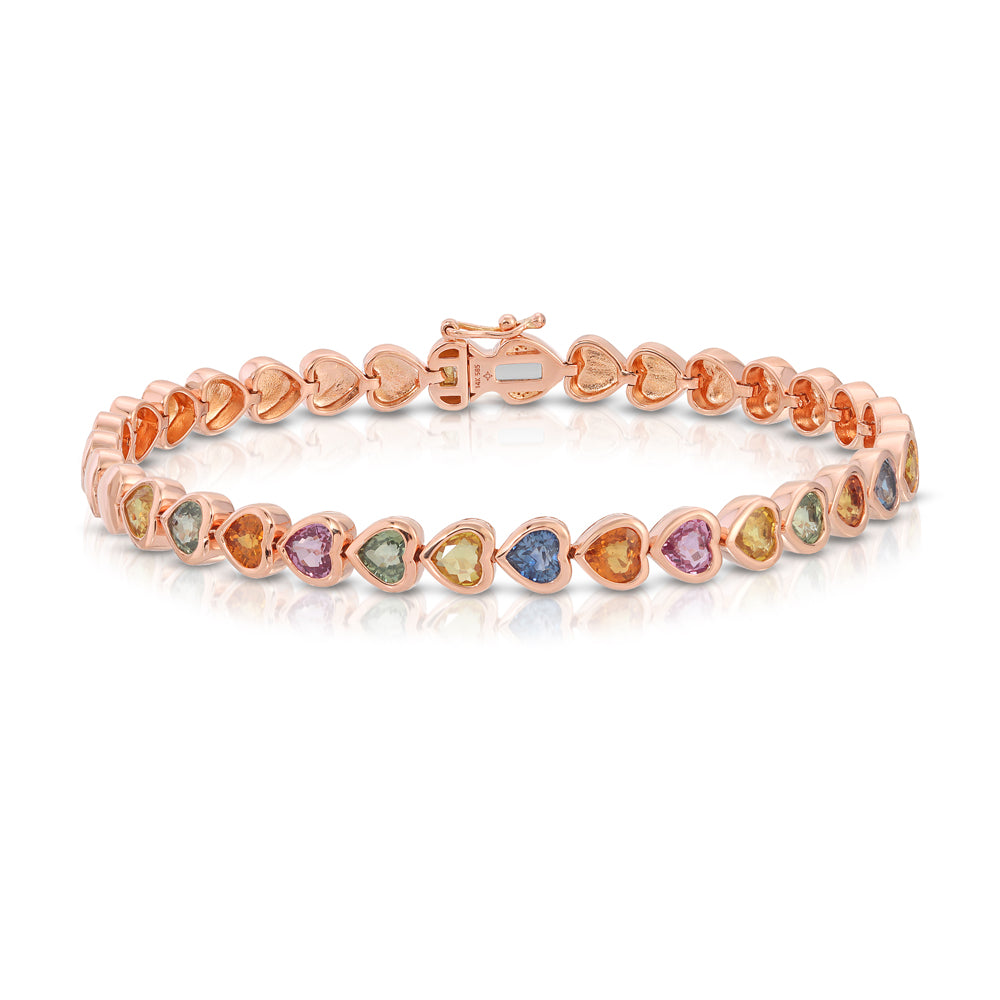 14K Rose Gold Rainbow Sapphire Heart Bracelet