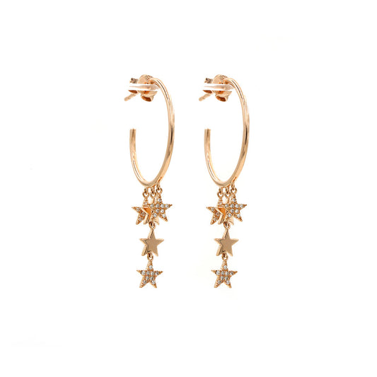 14k Rose Gold Hoops with Diamond Pave Stars Hanging