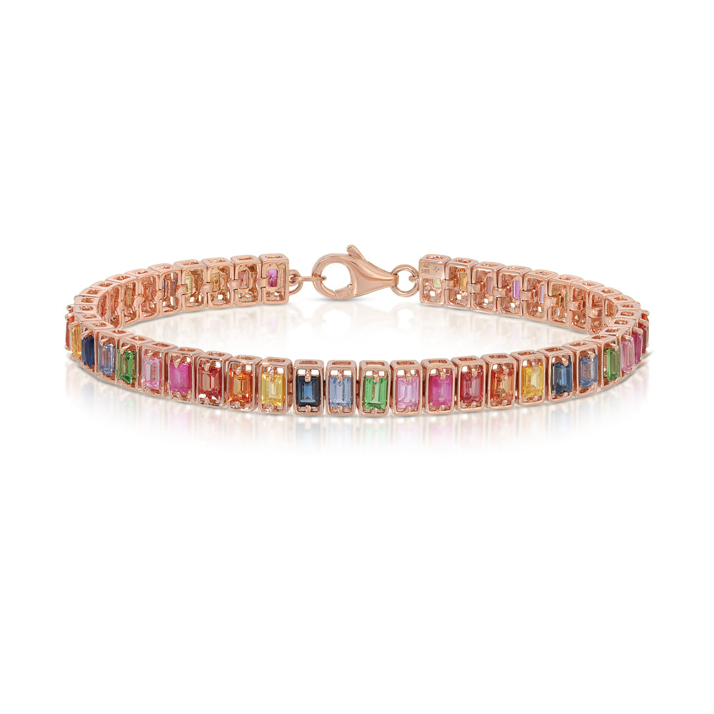 14k Rose Gold Multi Rainbow Sapphire and Green Garnet Flexible Bracelet