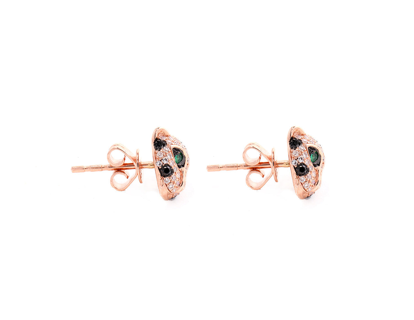 14k Rose Gold Diamond Pave, Emerald and Black Diamond Panther Studs