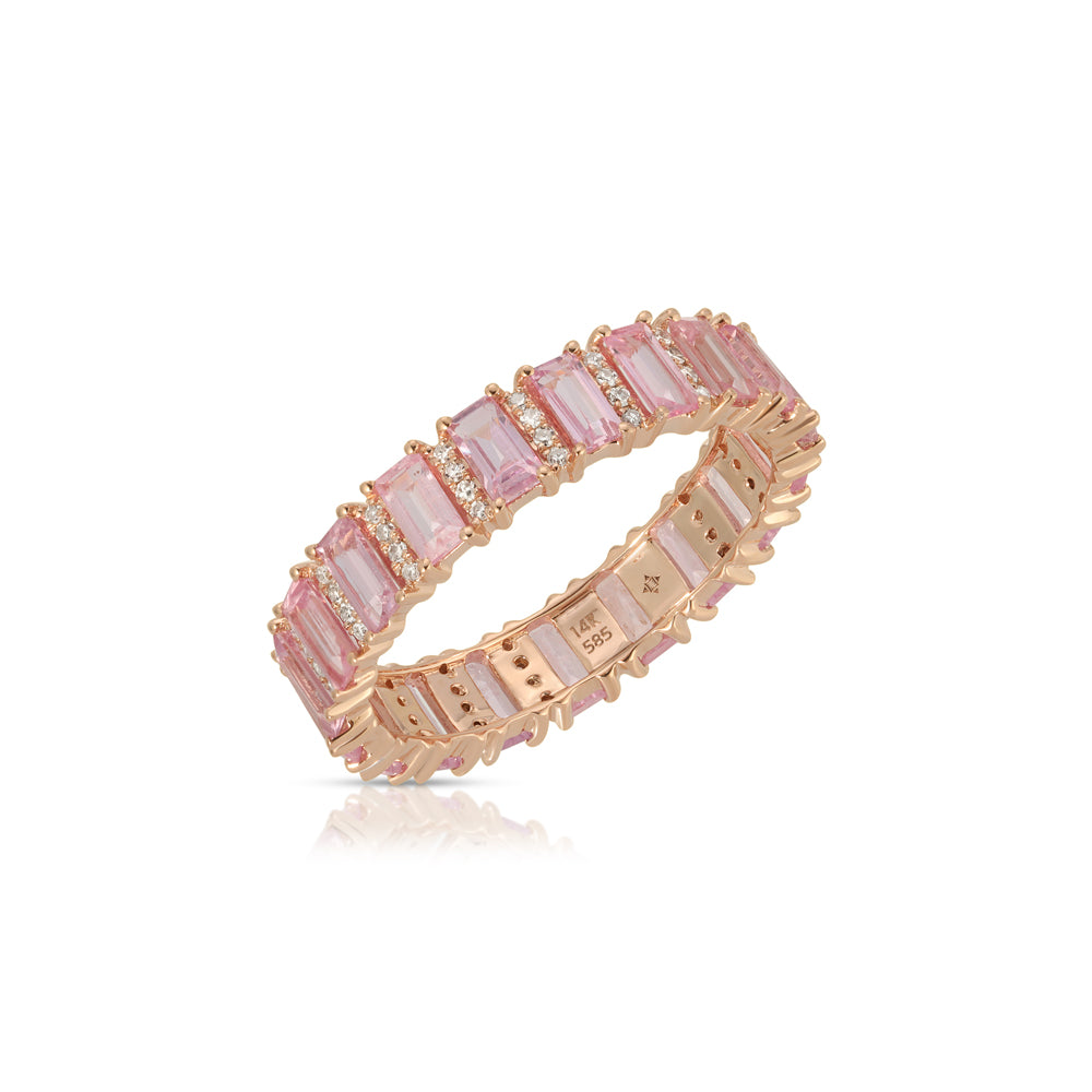 14K Rose Gold Emerald Cut Pink Sapphire and Diamond Band