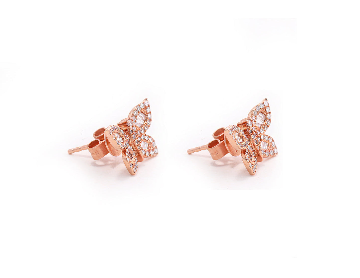 14k Rose Gold Diamond Pave and Diamond Baguette Butterfly Earrings