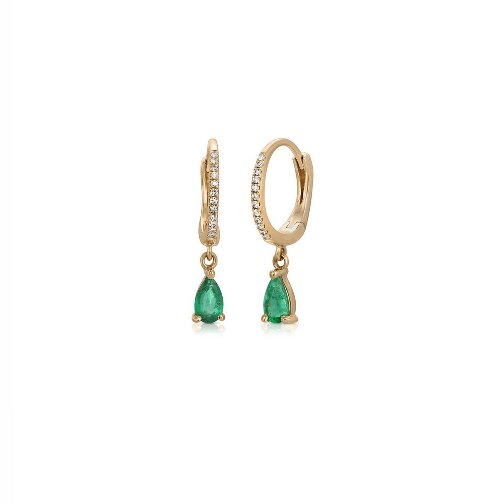 14K Yellow Gold Diamond Huggy with Emerald Drop