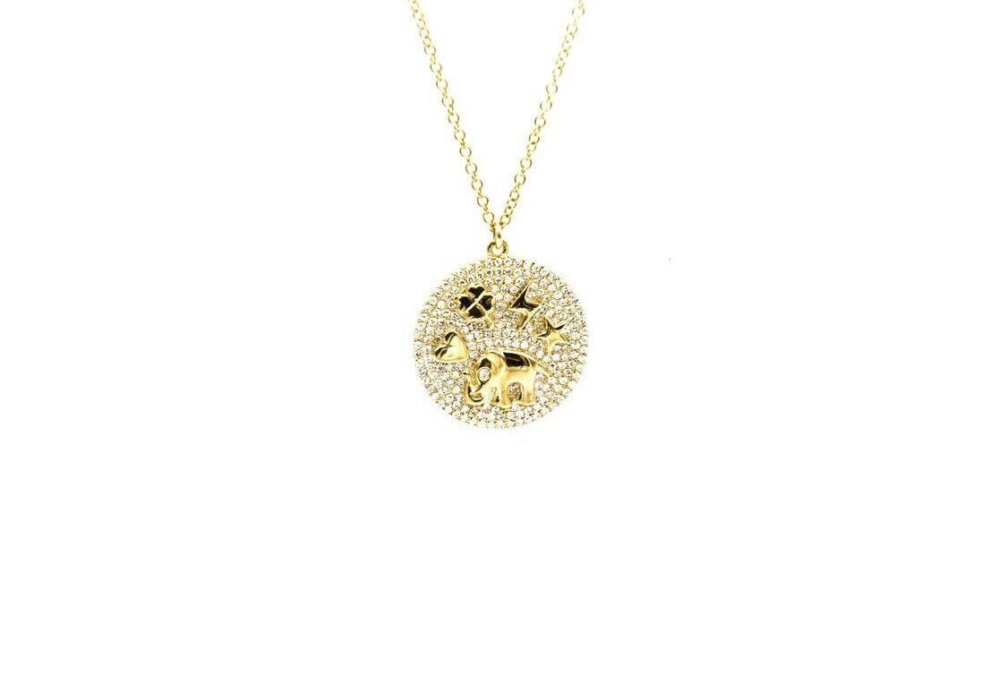 14k Yellow Gold and Diamond Pave Lucky Medallion Necklace. Heart, Clover, Lightning Bolt, Star and Elephant