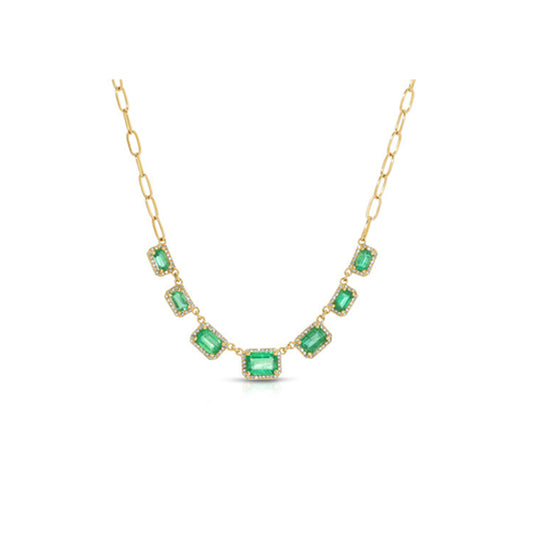 14K Yellow Gold Multiple Emerald Cut Emerald and Diamond Pave Chain Link Necklace