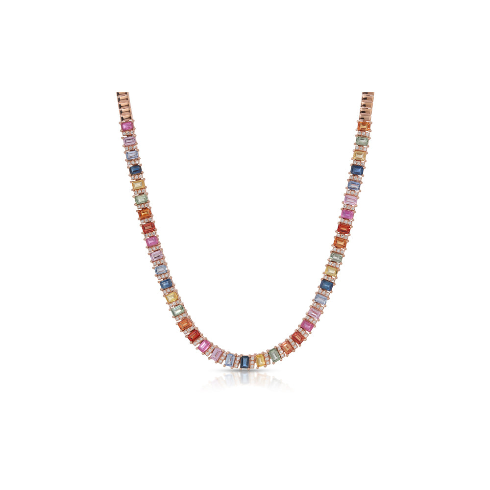 14K Rose Gold Multi Color Sapphire and Diamond Necklace