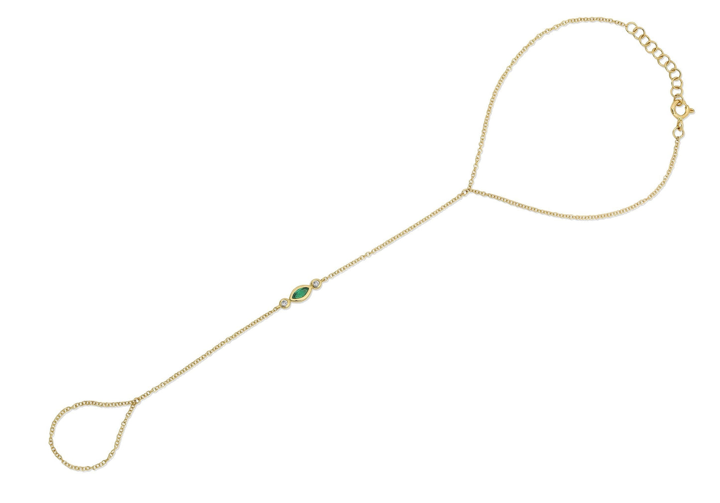 14K Yellow Gold Emerald and Diamond Ring Hand Bracelet