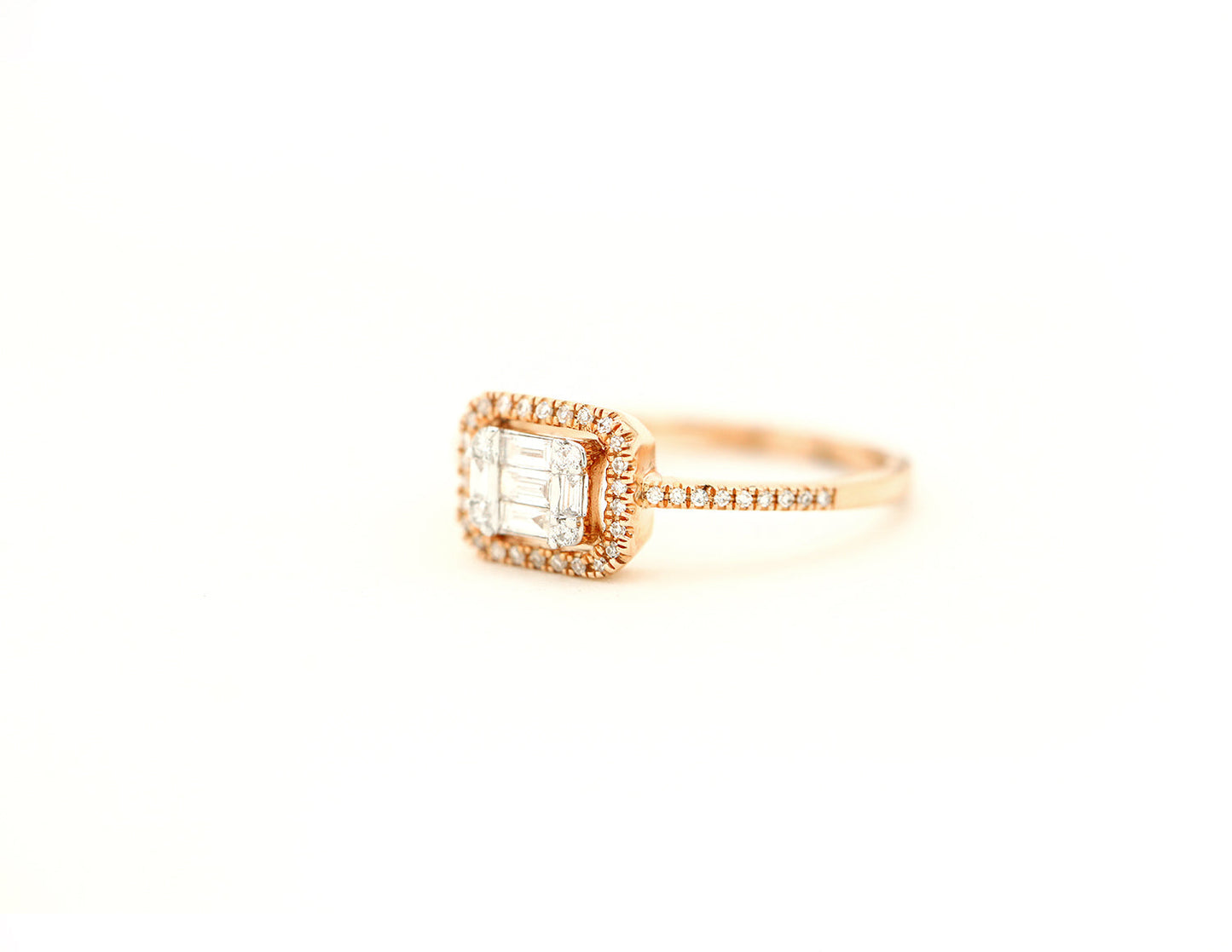 14k Rose Gold Diamond Baguette and Diamond Pave Ring
