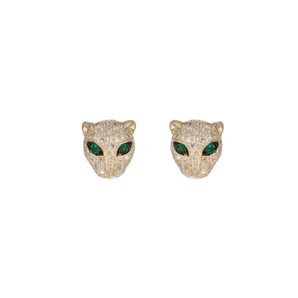 14KT Yellow Gold Emerald Eye Panther Studs