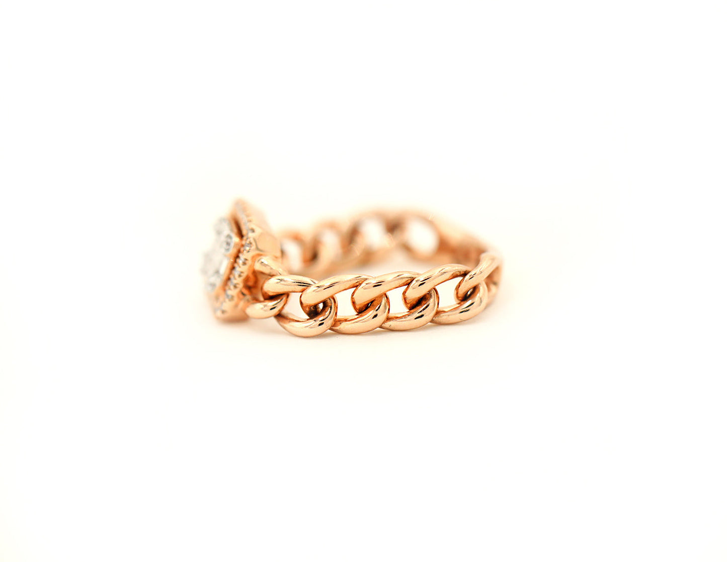 14k Rose Gold Diamond Pave and Diamond Baguette Chain Link Ring