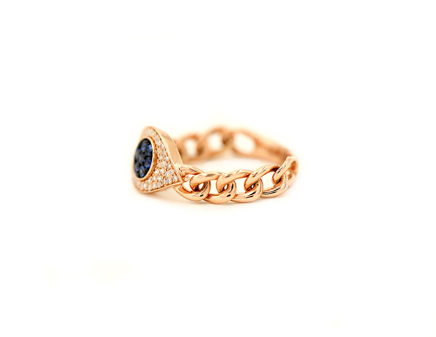 14k Rose Gold Diamond and Sapphire Evil Eye Chain Link Ring