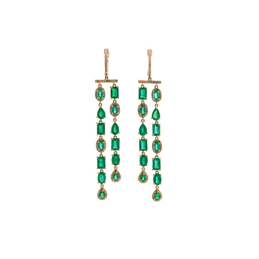 14k Gold, Diamond & Emerald Double Row Earrings