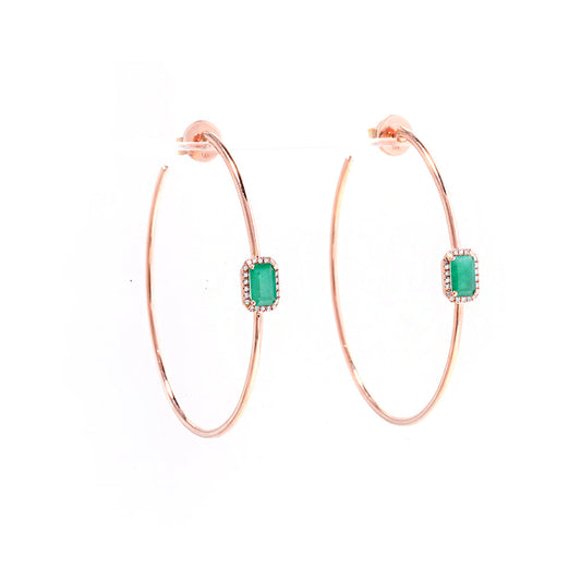 14K Rose Gold Emerald and Diamond (2 inch Hoop)