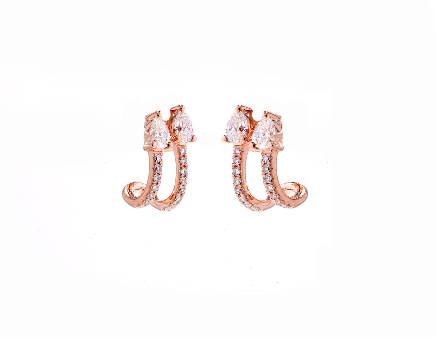 14K Rose Gold Diamond Pave Double Row and Double Pear Shape Diamond Earrings