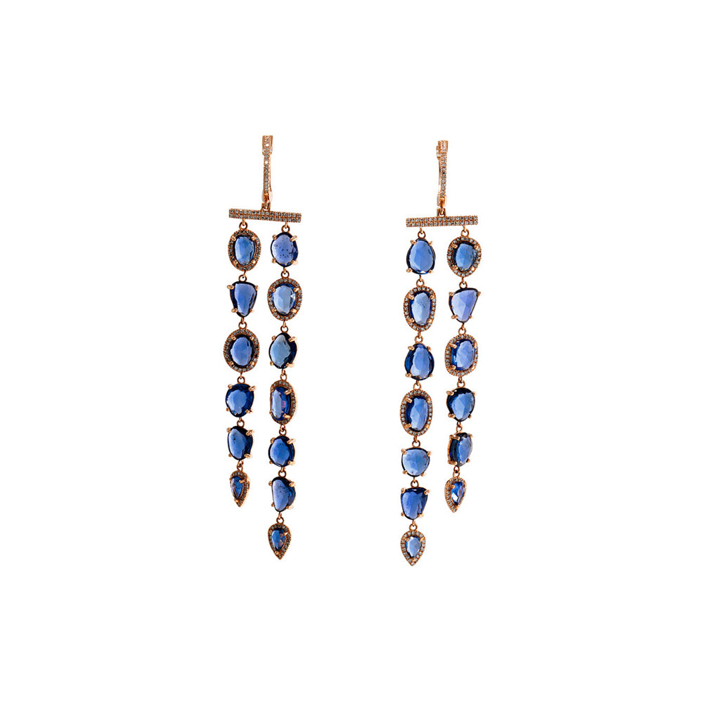 14k Gold, Diamond & Fancy Shape Sapphire Double Row Earrings