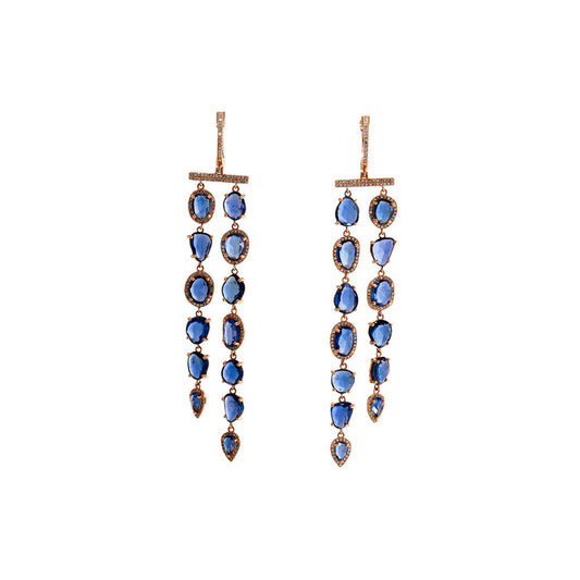14k Gold, Diamond & Fancy Shape Sapphire Double Row Earrings