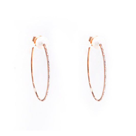 14K Rose Gold Diamond Pave and Pearl Stud (1 1/2 inch Hoop)