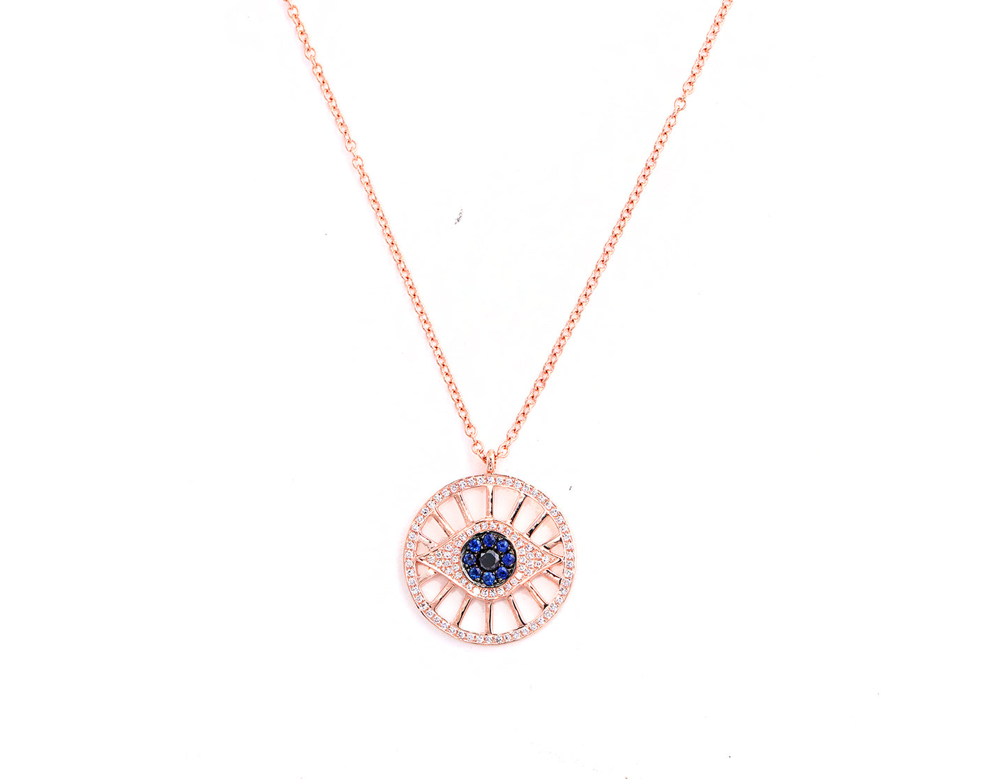 14k rose gold diamond pave, black diamond and saph. evil eye necklace