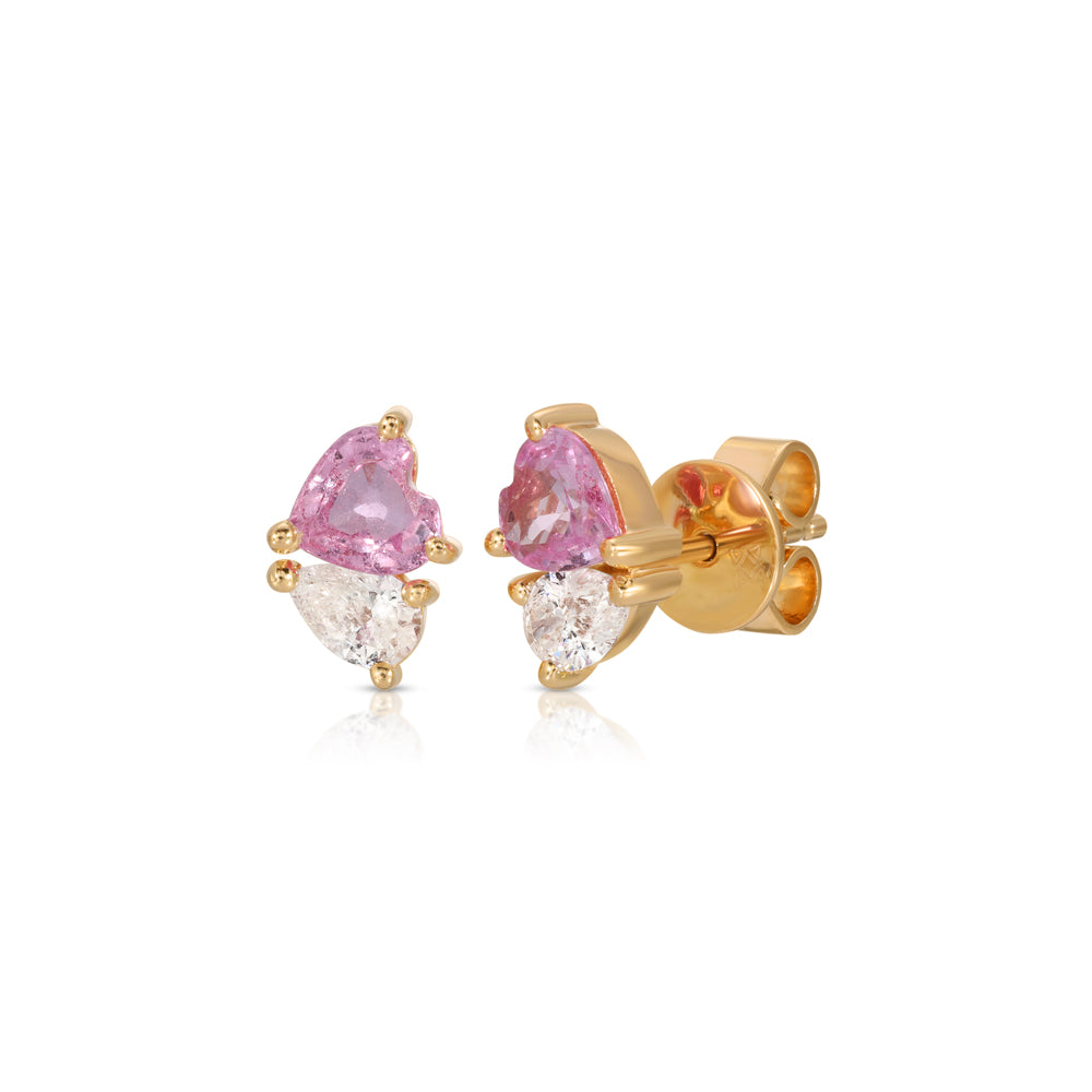 14K Rose Gold Pink Sapphire Heart and Diamond Pear Shape Studs