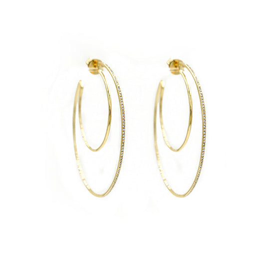14KT Yellow Gold Double Hoop Earring, One Row Pave Diamond