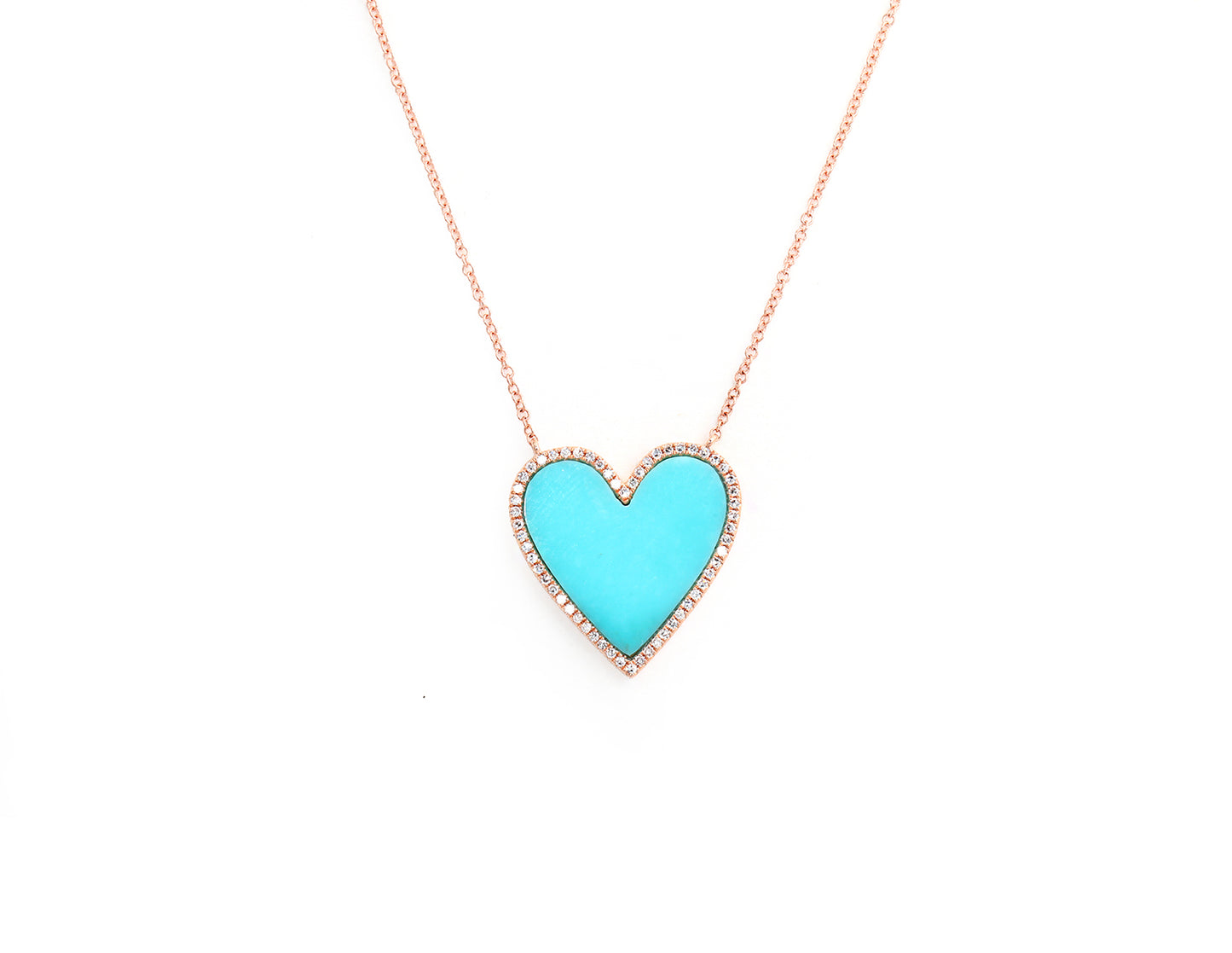 14k rose gold diamond pave and turquoise heart necklace