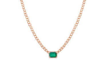 14K Rose Gold Emerald and Diamond Chain Link Necklace