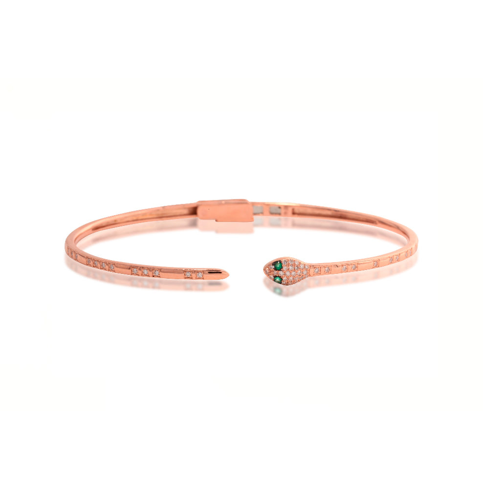 14K Rose Gold and Diamond Pave Mini Snake Bracelet with Emerald Eyes