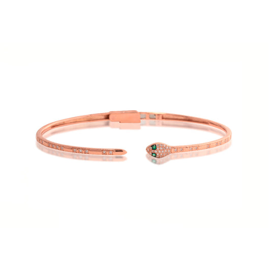 14K Rose Gold and Diamond Pave Mini Snake Bracelet with Emerald Eyes