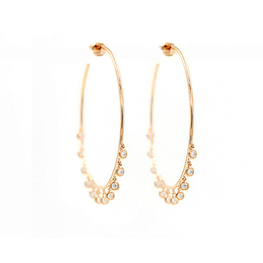 14KT Rose gold 2 Inch Hoops With Multiple Dangling Diamonds