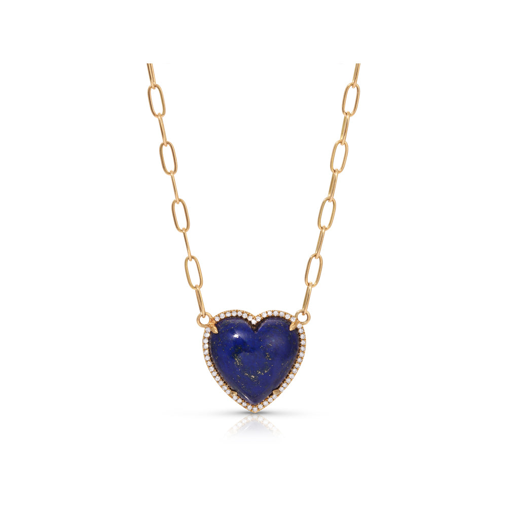 14K Yellow Gold Diamond Pave & Lapis Heart on Paper Clip Chain